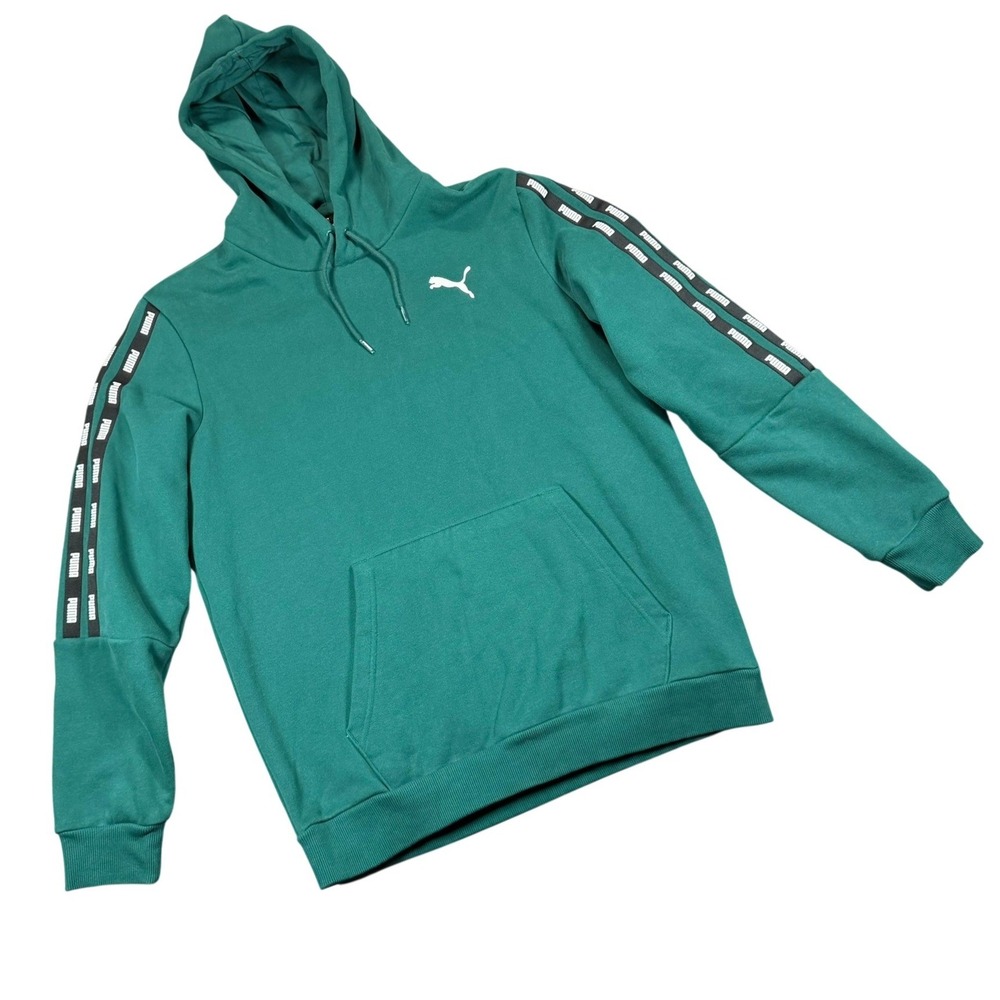 Puma Power Tape Hoodie Mens Medium Green Logo Sleeve Pullover Athletic Casual